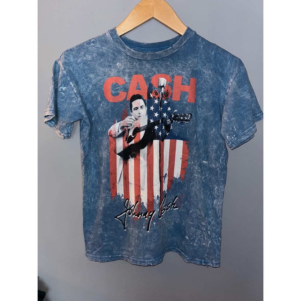 Johnny Cash American Flag Graphic T Shirt Acid Wash‎ Blue XS